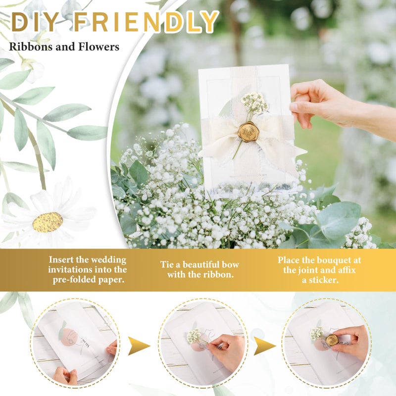 Fuyoooo 50 Sets Wedding Invitations Wraps Set Pre Folded Vellum Jackets for 5 x 7 Invitations Self Adhesive Gold Wax Seal Stickers Dried Baby's Breath Flowers Chiffon Silk Ribbon for Craft DIY - Image 4
